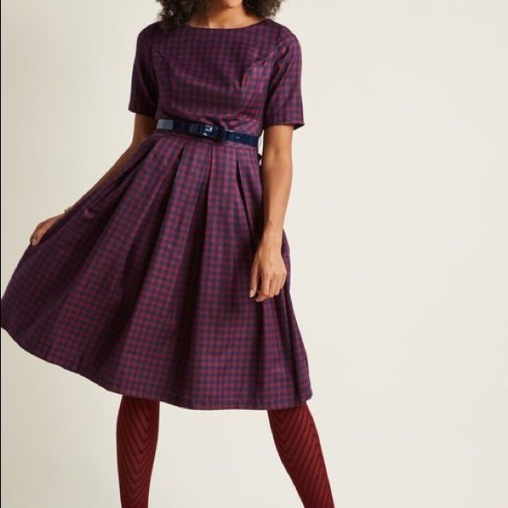 ModCloth belted plaid boat neck A-line dress navy